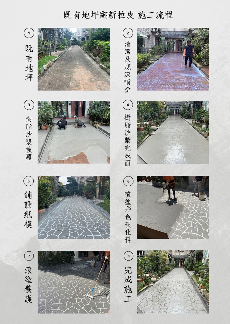 舊地翻新拉皮,紙模地坪,噴花地坪,紙模藝術地坪.彩色耐磨地坪,3D彩繪地坪,意象圖騰地坪,混凝土壓花地坪,混凝土紙模地坪,金鋼沙耐磨地坪